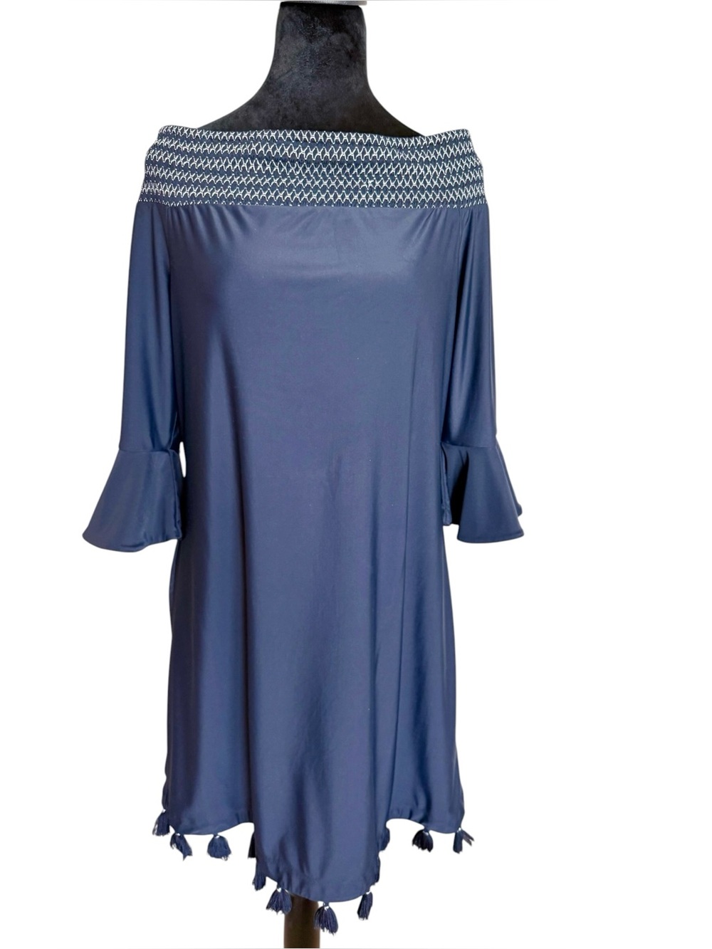 Cabana Life Dress Navy w/ Silver Threaded Smocked Neck.  UPF 50. M